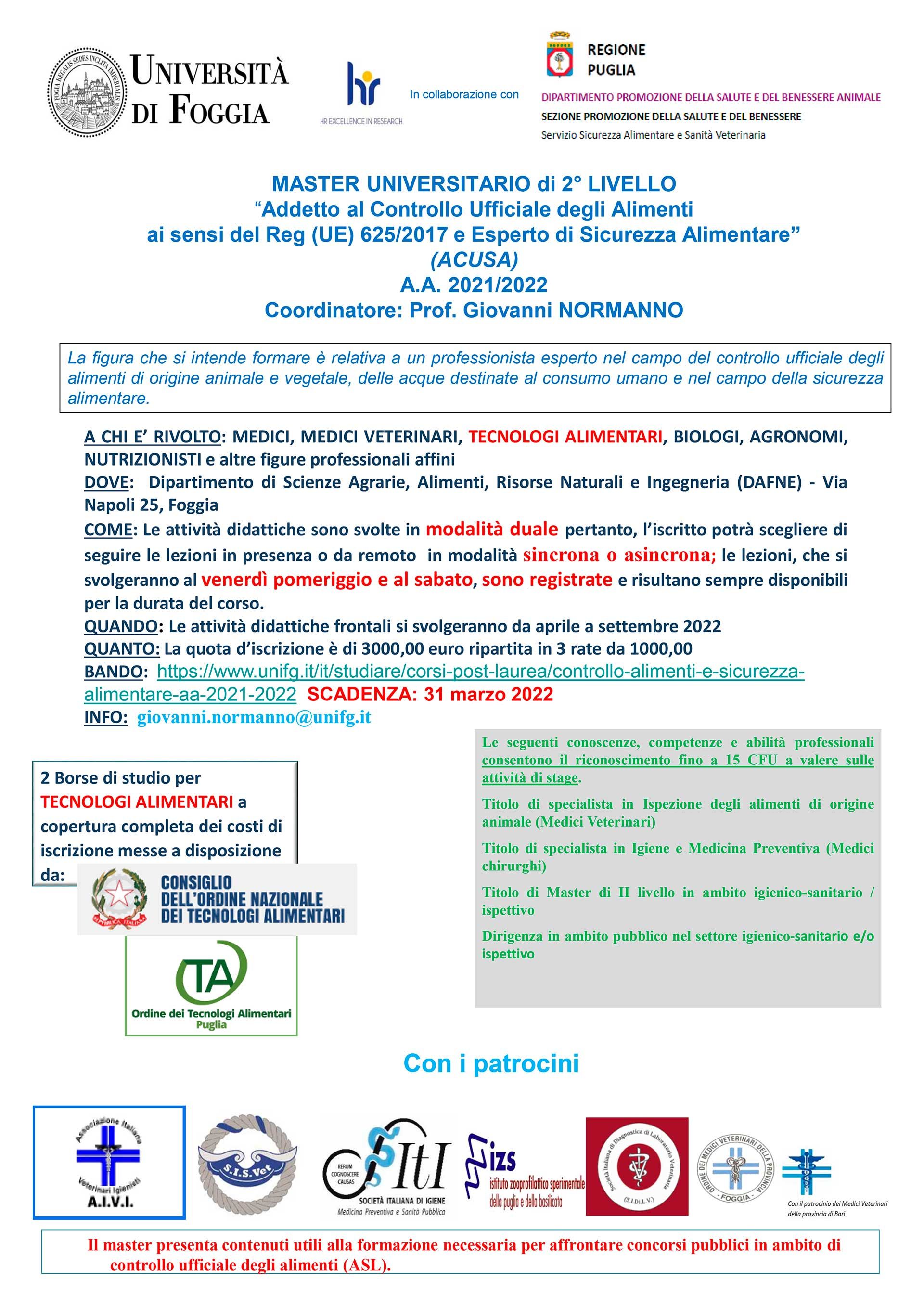 Procedura selettiva PER N.2 BORSE DI STUDIO master di II Livello ACUSA Università degli Studi di Foggia